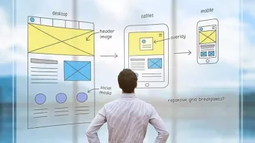 Man looking at diagrams of a website design for desktop, tablet, and mobile.